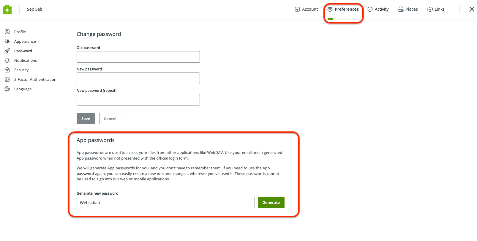 Koofr dashboard showing where to create an app password