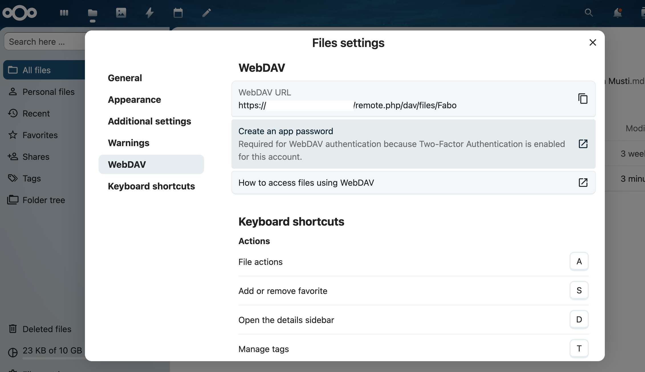 Nextcloud Files settings showing the WebDAV URL