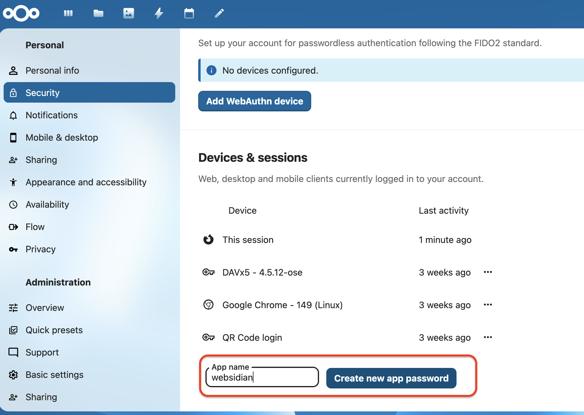 Nextcloud security settings creating an app password